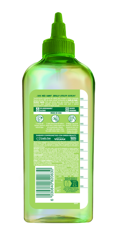 Etiqueta producto anti-frizz Keratin Glow Water Garnier