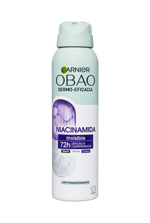 Garnier Obao Dermoeficacia Aerosol Niacinamida Invisible Antitranspirante Eficacia Anti Manchas Vegano Crueltyfree Sin Alcohol No irrita la piel Front Shots