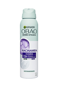 Garnier Obao Dermoeficacia Aerosol Niacinamida Invisible Antitranspirante Eficacia Anti Manchas Vegano Crueltyfree Sin Alcohol No irrita la piel Front Shots