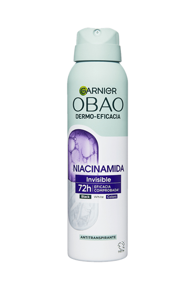 Garnier Obao Dermoeficacia Aerosol Niacinamida Invisible Antitranspirante Eficacia Anti Manchas Vegano Crueltyfree Sin Alcohol No irrita la piel Front Shots
