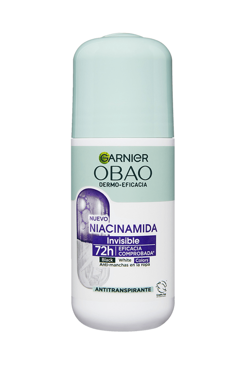 Garnier Obao Dermoeficacia Roll On Niacinamida Invisible Antitranspirante Eficacia Anti Manchas Vegano Crueltyfree Sin Alcohol No irrita la piel Front Shot