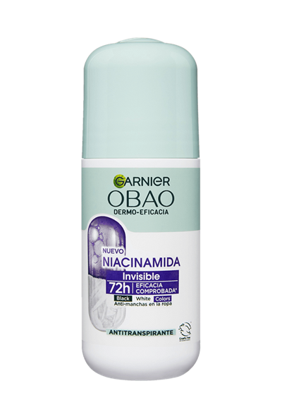 Garnier Obao Dermoeficacia Roll On Niacinamida Invisible Antitranspirante Eficacia Anti Manchas Vegano Crueltyfree Sin Alcohol No irrita la piel Front Shot